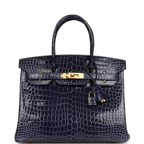 Pre-owned Hermes Birkin 30 Bleu Encre Shiny Porosus Crocodile Gold Hardware