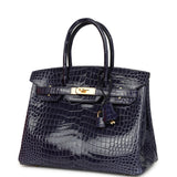 Pre-owned Hermes Birkin 30 Bleu Encre Shiny Porosus Crocodile Gold Hardware