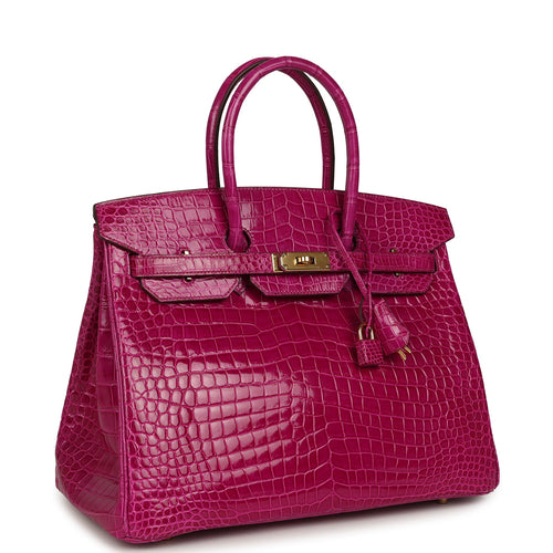 Pre-owned Hermes Birkin 35 Rose Scheherazade Shiny Porosus Crocodile Gold Hardware