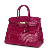 Pre-owned Hermes Birkin 35 Rose Scheherazade Shiny Porosus Crocodile Gold Hardware