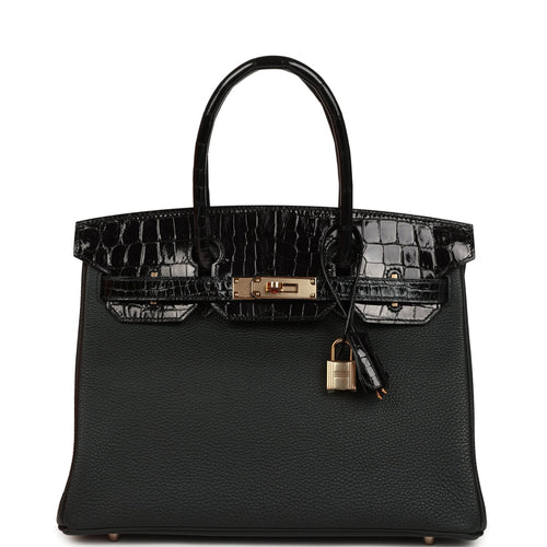 Hermes Birkin 30 Black Shiny Niloticus Crocodile and Togo Touch Rose Gold Hardware