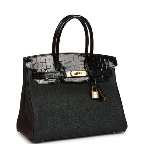 Hermes Birkin 30 Black Shiny Niloticus Crocodile and Togo Touch Rose Gold Hardware