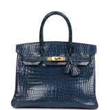Vintage Hermes Birkin 30 Bleu Roi Shiny Porosus Crocodile Gold Hardware