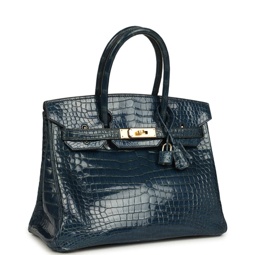 Vintage Hermes Birkin 30 Bleu Roi Shiny Porosus Crocodile Gold Hardware