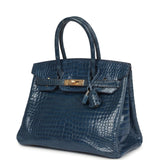Vintage Hermes Birkin 30 Bleu Roi Shiny Porosus Crocodile Gold Hardware