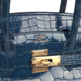Vintage Hermes Birkin 30 Bleu Roi Shiny Porosus Crocodile Gold Hardware