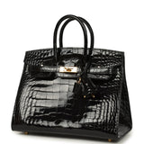 Pre-owned Hermes Birkin Sellier 25 Black Shiny Alligator Gold Hardware