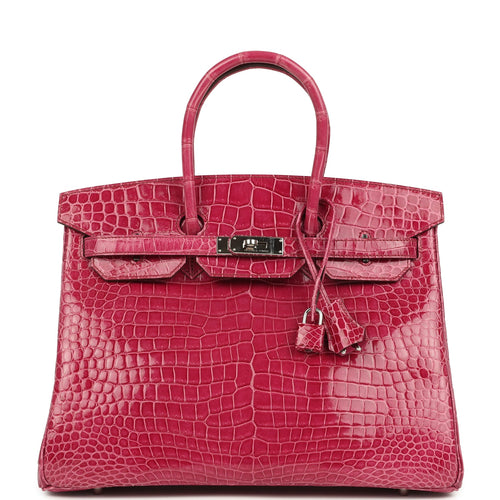 Pre-owned Hermes Birkin 35 Rose Tyrien Shiny Porosus Crocodile Palladium Hardware