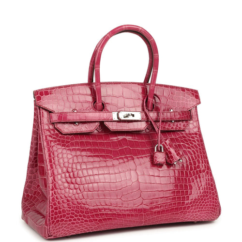 Pre-owned Hermes Birkin 35 Rose Tyrien Shiny Porosus Crocodile Palladium Hardware
