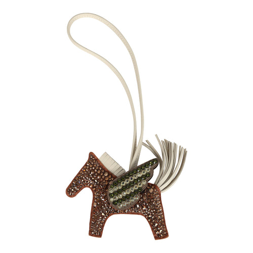 Custom Brown Swarovski Crystal Hermes Bedazzled Pegase Rodeo Bag Charm PM Gold, Craie and Etoupe Milo Lambskin