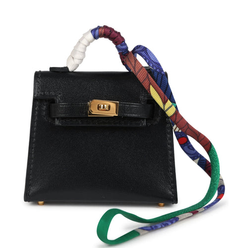 Hermes Mini Kelly Twilly Bag Charm Black Tadelakt Gold Hardware