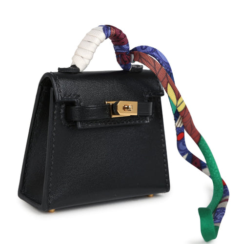 Hermes Mini Kelly Twilly Bag Charm Black Tadelakt Gold Hardware