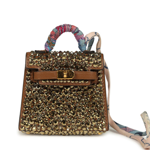 Custom Brown Swarovski Crystal Hermes Mini Kelly Twilly Bag Charm Alezan Tadelakt Gold Hardware