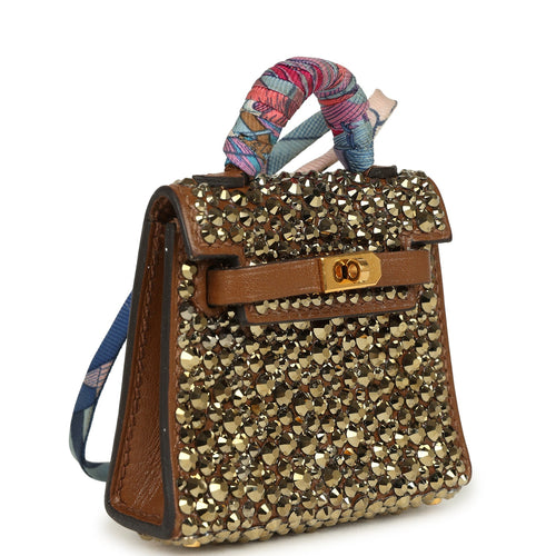 Custom Brown Swarovski Crystal Hermes Mini Kelly Twilly Bag Charm Alezan Tadelakt Gold Hardware