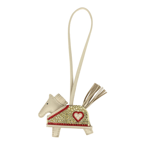 Custom Champagne Swarovski Crystal Hermes Bedazzled Rodeo Robeo Coeur Charm PM Craie, Jaune Milton & Rouge Radieux Milo Lambskin