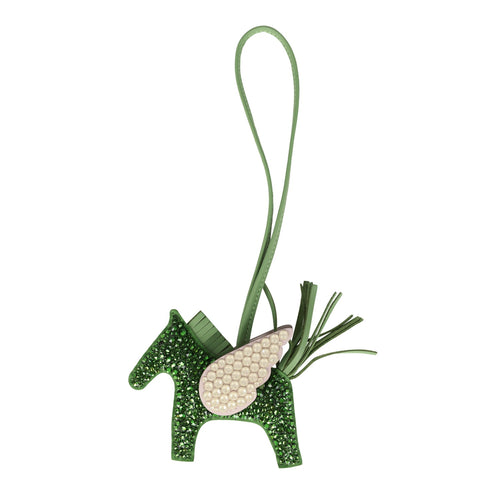 Custom Green and Light Pink Swarovski Crystal Hermes Bedazzled Pegase Rodeo Bag Charm PM Vert Yucca, Vert Criquet and Mauve Pale Milo Lambskin