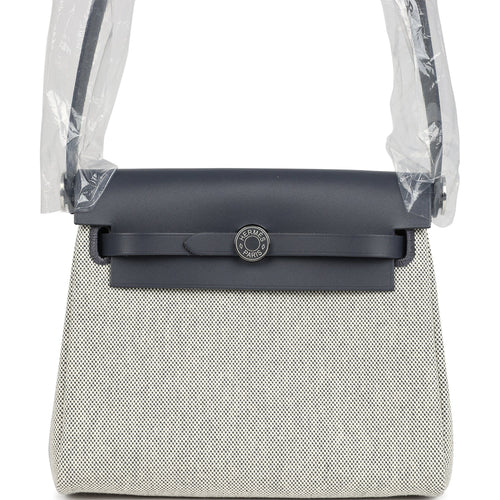 Hermes Herbag Zip 20 Mini Ecru and Ardoise Toile H Canvas and Ardoise Vache Hunter Palladium Hardware