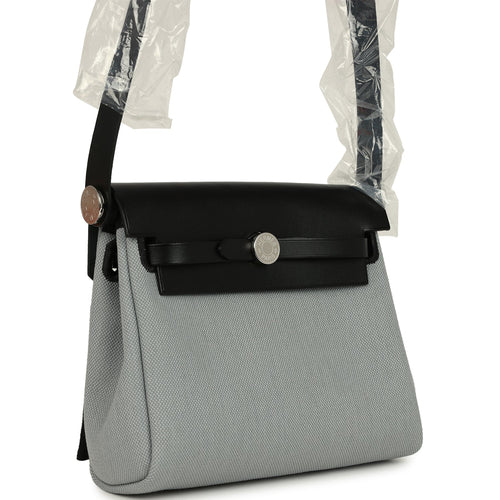 Hermes Herbag Zip 20 Mini Gris Pantin Toile Militaire Canvas and Black Vache Hunter Palladium Hardware