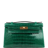 Hermes Kelly Pochette Vert Emeraude Shiny Alligator Gold Hardware
