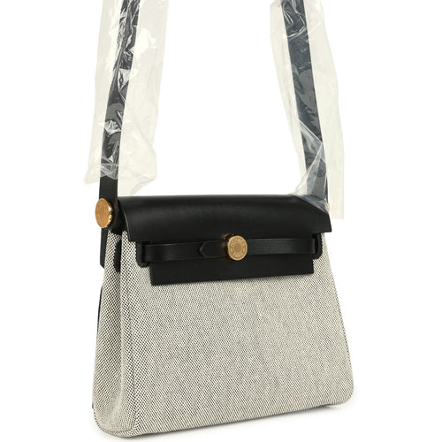 Hermes Herbag Zip 20 Mini Ecru and Black Toile H Canvas and Black Vache Hunter Gold Hardware
