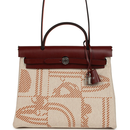 Hermes Special Order (HSS) Herbag Zip PM 31 "Brides de Gala" Rouge H Vache Hunter and Ecru & Beige Toile H Canvas Palladium Hardware