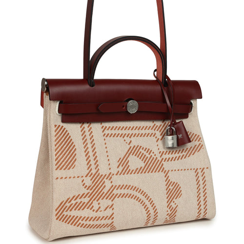 Hermes Special Order (HSS) Herbag Zip PM 31 "Brides de Gala" Rouge H Vache Hunter and Ecru & Beige Toile H Canvas Palladium Hardware