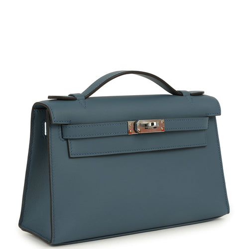 Hermes Kelly Pochette Bleu Tempette Swift Palladium Hardware