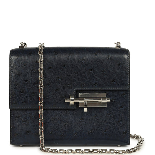 Pre-owned Hermes Mini Verrou Chaine Bag Bleu Iris Ostrich Palladium Hardware