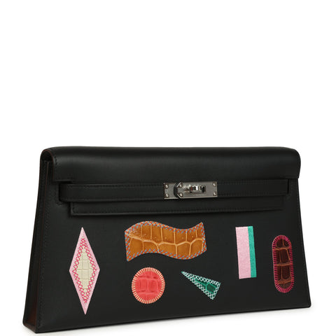 Hermes Kelly Elan Broderie Black Bet-Tab Swift, Niloticus Crocodile and Alligator Palladium Hardware