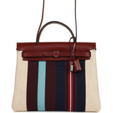 Hermes Special Order (HSS) Herbag Zip PM 31 "Striped" Rouge H Vache Hunter, Ecru, Bleu, Bordeaux and Beige Toile H Canvas Lacquered Palladium Hardware