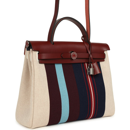 Hermes Special Order (HSS) Herbag Zip PM 31 "Striped" Rouge H Vache Hunter, Ecru, Bleu, Bordeaux and Beige Toile H Canvas Lacquered Palladium Hardware