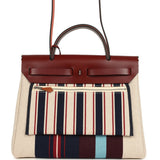Hermes Special Order (HSS) Herbag Zip PM 31 "Striped" Rouge H Vache Hunter, Ecru, Bleu, Bordeaux and Beige Toile H Canvas Lacquered Palladium Hardware