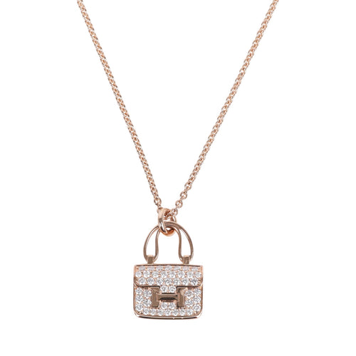 Hermes Amulettes Constance Pendant Necklace Diamonds 18K Rose Gold Hardware