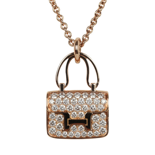 Hermes Amulettes Constance Pendant Necklace Diamonds 18K Rose Gold Hardware
