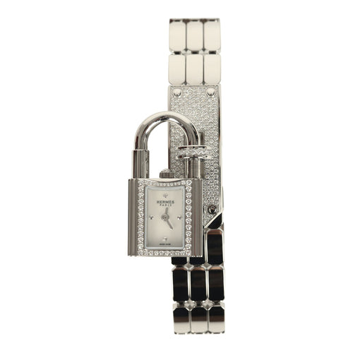 Hermes Kelly Watch Mini Model 16mm White Mother of Pearl, Stainless Steel Hardware and White Diamonds