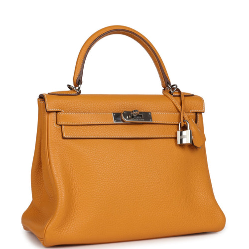Pre-owned Hermes Kelly Retourne 28 Moutarde Clemence Palladium Hardware