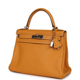 Pre-owned Hermes Kelly Retourne 28 Moutarde Clemence Palladium Hardware