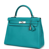 Pre-owned Hermes Kelly Retourne 32 Bleu Paon Clemence Palladium Hardware