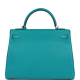 Pre-owned Hermes Kelly Retourne 32 Bleu Paon Clemence Palladium Hardware