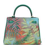 Custom Tropical Swarovski Crystal Hermes Kelly Retourne 28 Vert Vertigo Clemence Gold Hardware