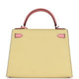 Pre-owned Hermes Special Order (HSS) Kelly Sellier 28 Rose Confetti and Jaune Poussin Epsom Palladium Hardware