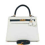 Hermes Special Order (HSS) Kelly Sellier 25 White and Vert Cypress Epsom Brushed Gold Hardware