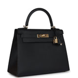 Pre-owned Hermes Kelly Sellier 28 Black Epsom Permabrass Hardware