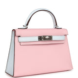 Hermes Special Order (HSS) Kelly Sellier 20 Rose Sakura and Bleu Brume Chevre Palladium Hardware