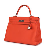 Pre-owned Hermes Kelly Retourne 35 Orange Poppy Togo Palladium Hardware