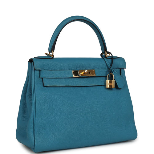 Pre-owned Hermes Kelly Retourne 28 Turquoise Togo Gold Hardware