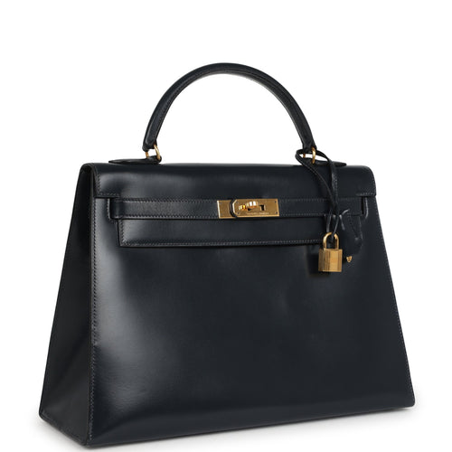 Vintage Hermes Kelly Sellier 32 Bleu Indigo Box Gold Hardware