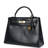 Vintage Hermes Kelly Sellier 32 Bleu Indigo Box Gold Hardware