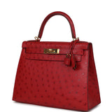 Pre-owned Hermes Kelly Sellier 28 Rouge Vif Ostrich Gold Hardware