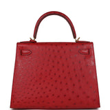 Pre-owned Hermes Kelly Sellier 28 Rouge Vif Ostrich Gold Hardware